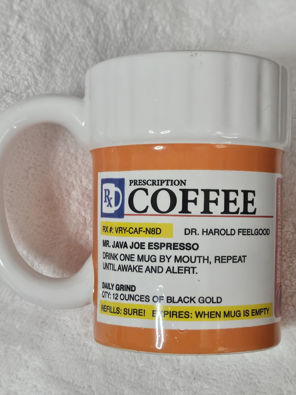 Prescription Coffee White and Orange Ceramic Mug